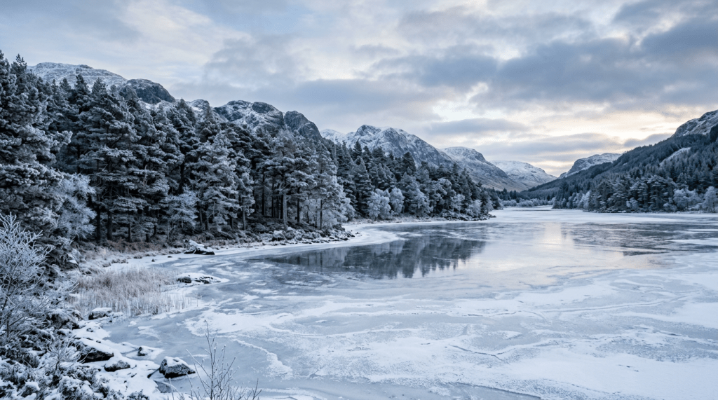 Current image: Frozen lake with snow-covered trees and mountains in winter