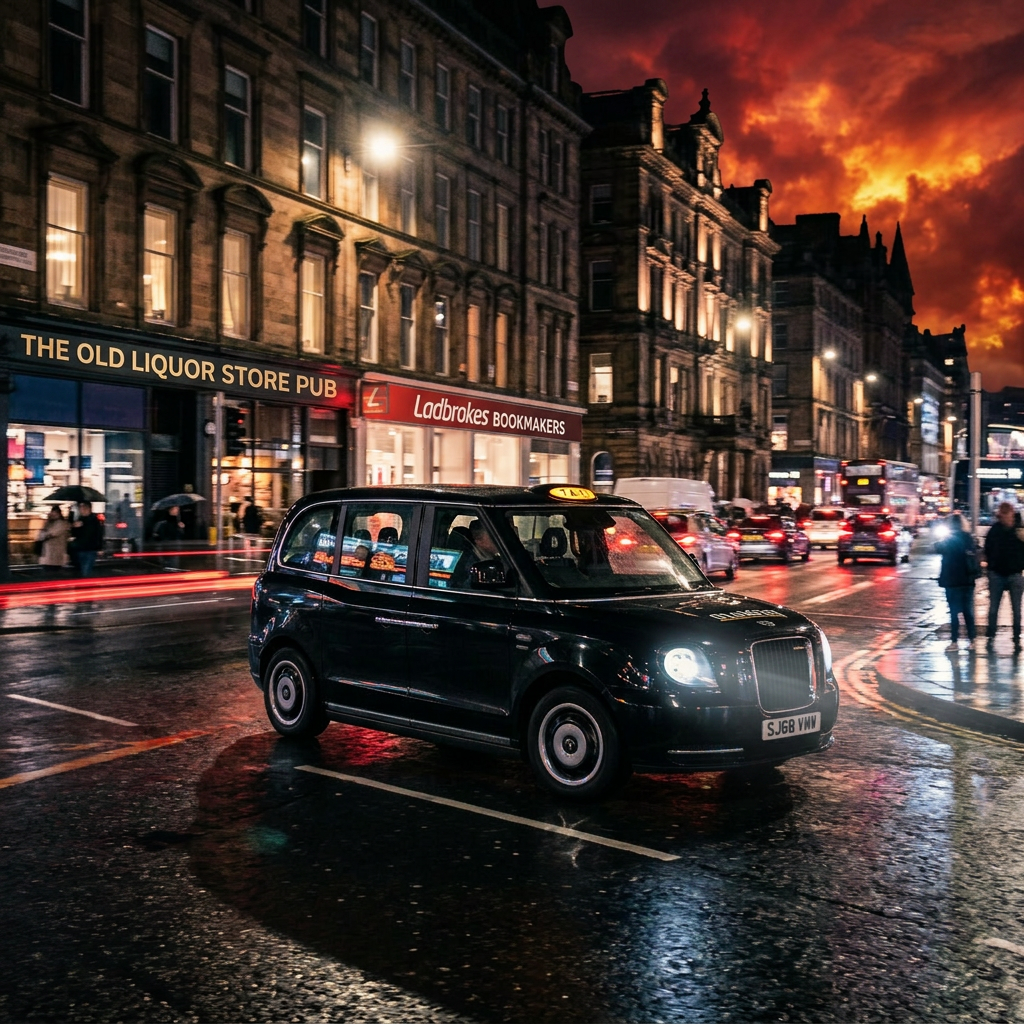 Black taxi driving on wet city street at night, shops and pedestrians visible