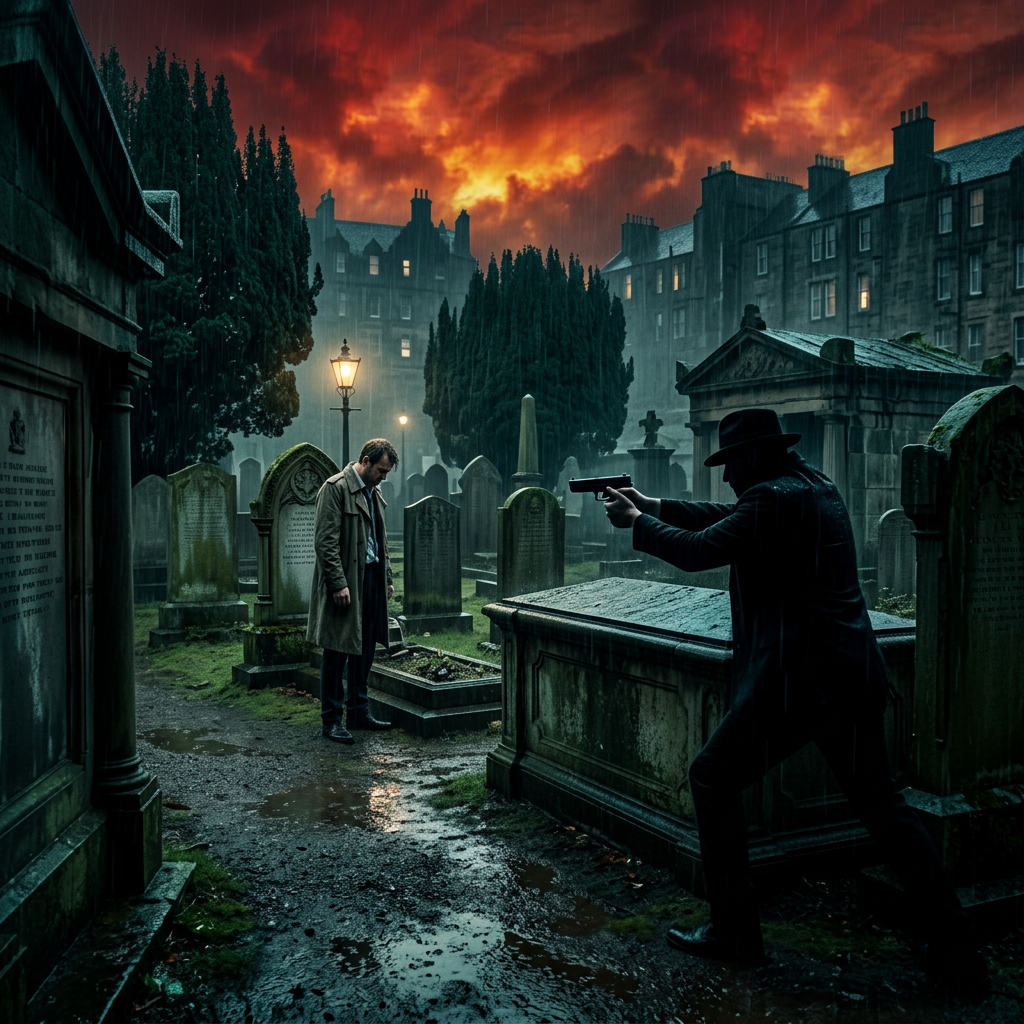 Black taxi driving on wet city street at night, shops and pedestrians visible