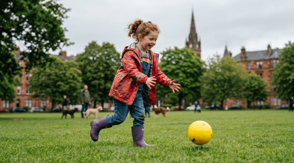Child with purple boots chasing a yellow soccer ball in a park