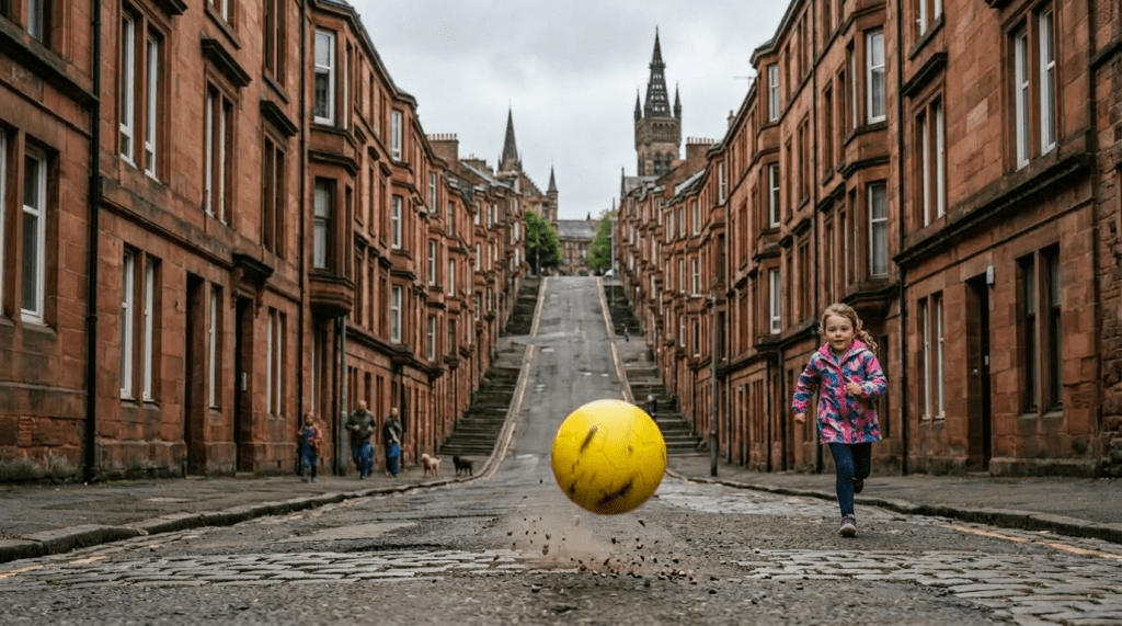 Yellow ball bouncing on cobblestone street flanked by red brick buildings with church spires in background
